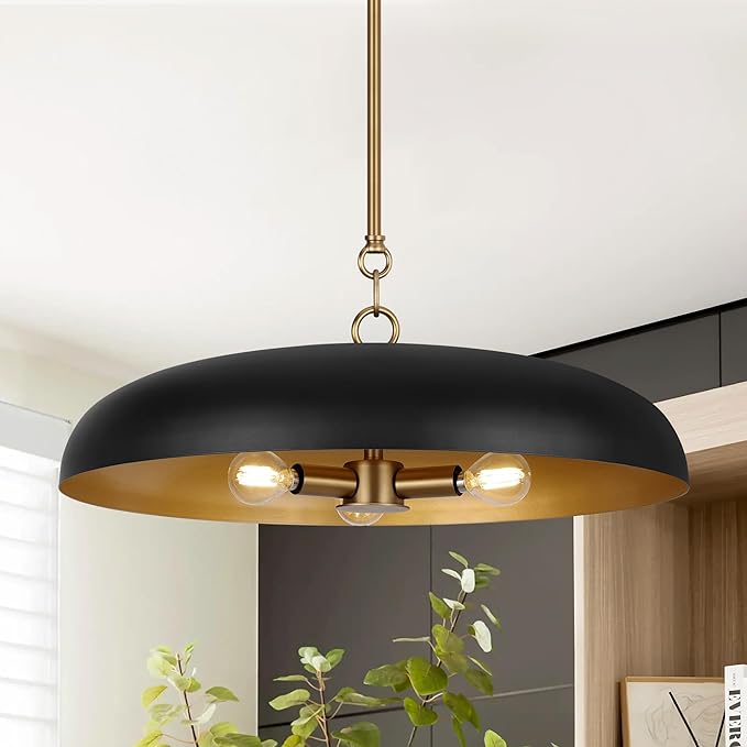 LamQee 20 Inch Oversized Large Pendant Lights, 3-Lights Black and Gold Modern Dome Chandelier, Industrial Metal Pendant Lighting Fixture Ceiling Hanging for Kitchen Island, Dining Room Over Table, Bar
