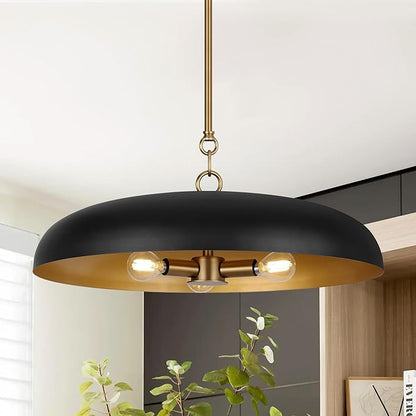 LamQee 20 Inch Oversized Large Pendant Lights, 3-Lights Black and Gold Modern Dome Chandelier, Industrial Metal Pendant Lighting Fixture Ceiling Hanging for Kitchen Island, Dining Room Over Table, Bar