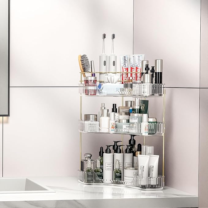 Makeup Organizer Countertop 3 Tier, Corner Bathroom Countertop Organizer with Toothbrush and Makeup Brush Holder, Corner Vanity for Skincare Organization