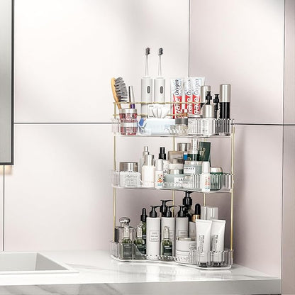 Makeup Organizer Countertop 3 Tier, Corner Bathroom Countertop Organizer with Toothbrush and Makeup Brush Holder, Corner Vanity for Skincare Organization