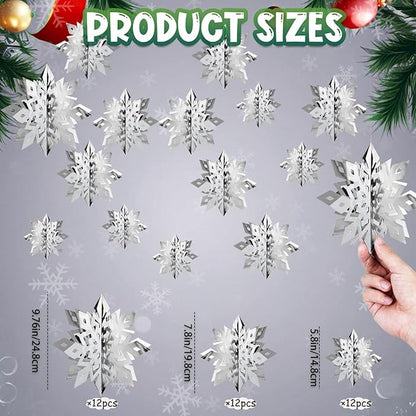 OuMuaMua Christmas Snowflake Decorations Indoor, 36PCS 3D Silver Hanging Snowflakes Garland for Winter Wonderland Decor Xmas Christmas Party Baby Shower Holiday Home Decorations
