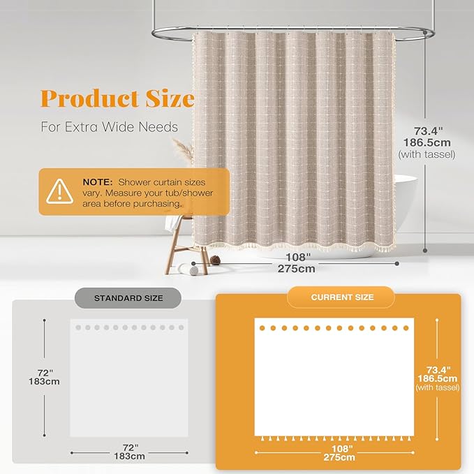 BTTN Extra Wide Shower Curtain - 108x72 Inch Boho Farmhouse Fabric Weighted Linen Shower Curtain Set with 18 Hooks, Large Country Hotel Neutral Waterproof Cloth Shower Curtains for Bathroom, Taupe/Tan