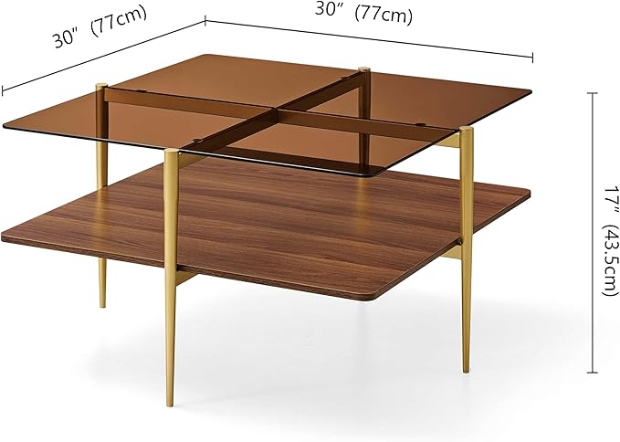 Square Coffee Table, Mid-Century Modern Design, L30 x W30 x H17 Inch, for Living Room, 2-Tier Structure, Amber Glass Top and Walnut Wood Shelf, Sleek Conical Metal Legs with Gold Finish