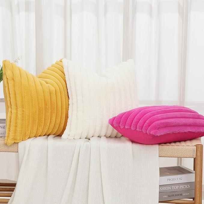 decorUhome Faux Fur Throw Pillow Covers 12x20 Set of 2, Decorative Soft Plush Striped Lumbar Neutral Euro Pillow Covers with Velvet Back for Bed, Living Room Home Decor, Hot Pink