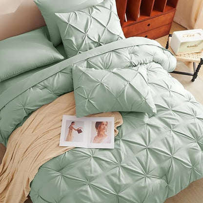 CozyLux Twin Comforter Set with Sheets Sage Green, 5 Pieces Pintuck Bed in A Bag, Twin Bed Set Gift for Family, Pinch Pleat Bedding Set with Comforter, Sheets, Pillowcase & Sham