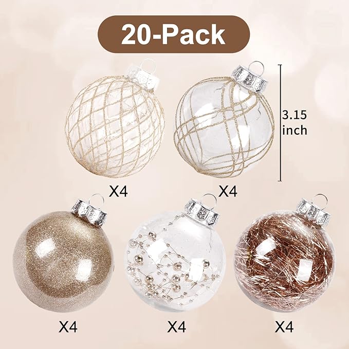 BSTDECOR Christmas Ball Ornaments Set, 20ct Large Clear Shatterproof 80mm/3.15" Champagne Hanging Decorative Baubles for Christmas Tree, Halloween, Thanksgiving, Xmas Party