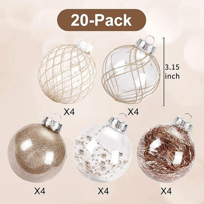 BSTDECOR Christmas Ball Ornaments Set, 20ct Large Clear Shatterproof 80mm/3.15" Champagne Hanging Decorative Baubles for Christmas Tree, Halloween, Thanksgiving, Xmas Party