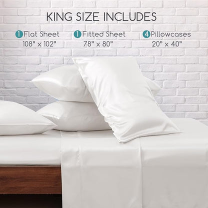 MR&HM Satin Bed Sheets, King Size Sheets Set, 6 Pcs Silky Bedding Set with 15 Inches Deep Pocket for Mattress (King, Ivory)