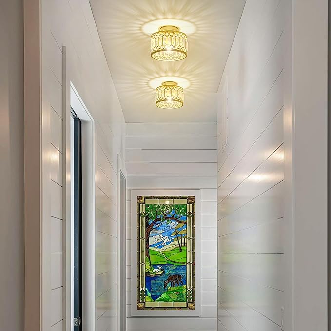 Crystal Ceiling Light, Modern Semi Flush Mount Ceiling Light, Gold Crystal for Kitchen Bedroom Bathroom Entryway (Bulb not Included)