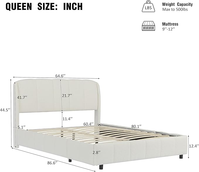 Queen Size Bed Frame, Upholstered Cloud Boucle Platform Beds Frames with Headboard, Anti-Collision Soft Rounded Corners Footboard, No Box Spring Required, Easy Assembly (44.5" Beige, Queen)