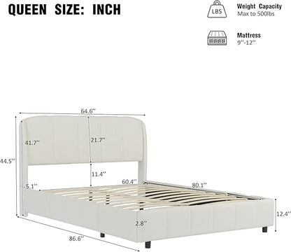 Queen Size Bed Frame, Upholstered Cloud Boucle Platform Beds Frames with Headboard, Anti-Collision Soft Rounded Corners Footboard, No Box Spring Required, Easy Assembly (44.5" Beige, Queen)