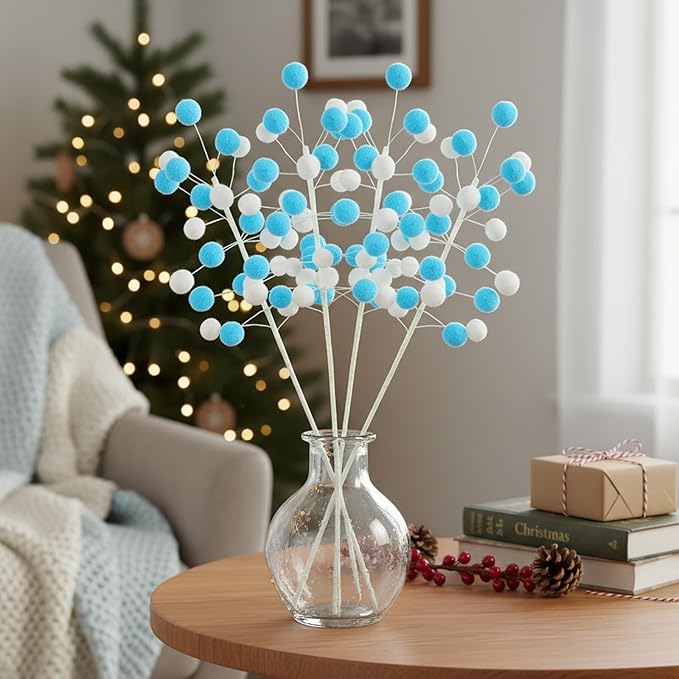 6 Pcs Blue White Pom Poms Christmas Decorations & Felt Christmas Picks and Sprays DIY Xmas Tree Toppers, Festive Tree Filler & Decor (BlueWhite)