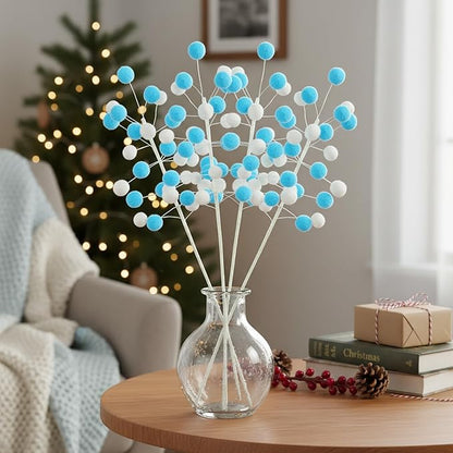 6 Pcs Blue White Pom Poms Christmas Decorations & Felt Christmas Picks and Sprays DIY Xmas Tree Toppers, Festive Tree Filler & Decor (BlueWhite)