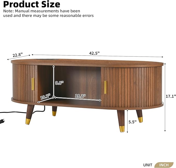 Mid-Century Fluted Oval Coffee Table with 360° Tambour Doors, Hidden Storage, Solid Wood Legs & 2 AC+2 USB Charging Station, Modern Coffee Table for Living Room, Apartment, Walnut