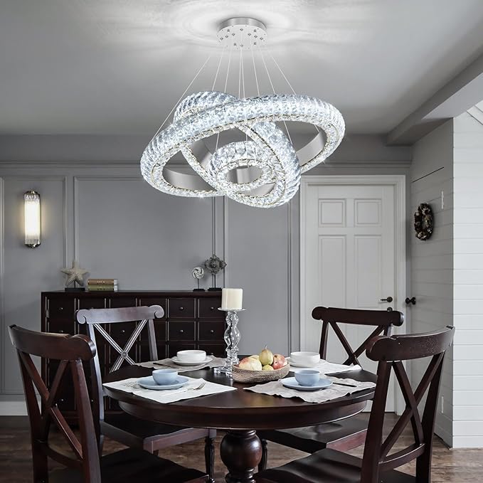 23.6" 3 Ring Crystal Chandelier Modern LED Dimmable Ring Pendant Light Round Chandelier for Dining Room Living Room Silver
