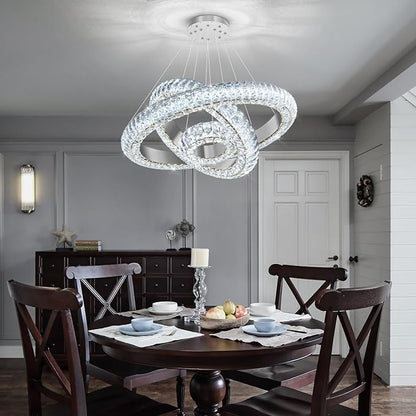 23.6" 3 Ring Crystal Chandelier Modern LED Dimmable Ring Pendant Light Round Chandelier for Dining Room Living Room Silver