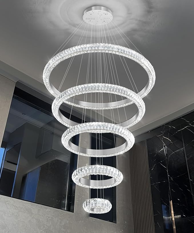 5 Ring Large Crystal Chandelier Modern LED Dimmable High Ceiling Chandelier Ring Contemporary Pendant Light Fixture for Living Room Foyer Staircase Gold D40''