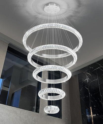 5 Ring Large Crystal Chandelier Modern LED Dimmable High Ceiling Chandelier Ring Contemporary Pendant Light Fixture for Living Room Foyer Staircase Gold D40''