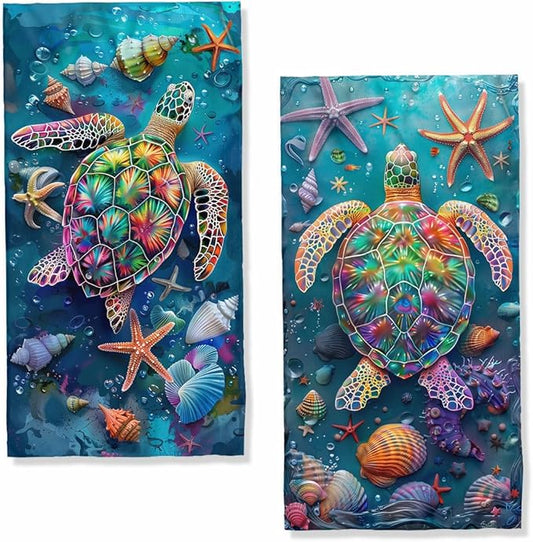 Sea Turtle Kitchen Dish Towels Set of 2 Absorbent Hand Towels 16x24 Farmhouse Starfish Seashells Sea Turtle