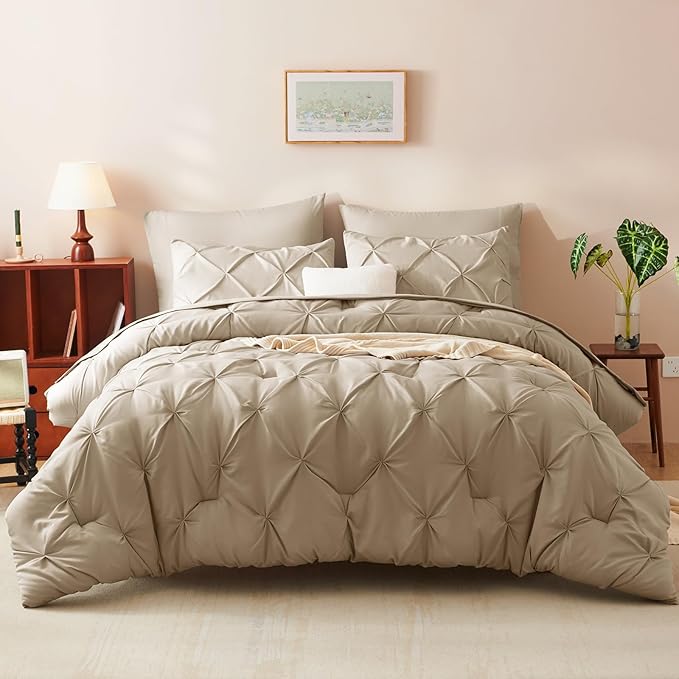 CozyLux King Size Comforter Set Taupe, 7 Pieces Pintuck Bed in A Bag Taupe Comforter King Size, Pinch Pleat Bedding Set with All Season Comforter, Sheets, Pillowcases & Shams