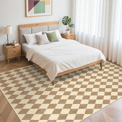 LIVEBOX Washable Living Room Rug 8x10, Brown Checkered Diamond Rug Non-Slip Modern Neutral Geometric Plaid Rugs for Bedroom, Low Pile Area Rug for Dining Room Kids Room Classroom