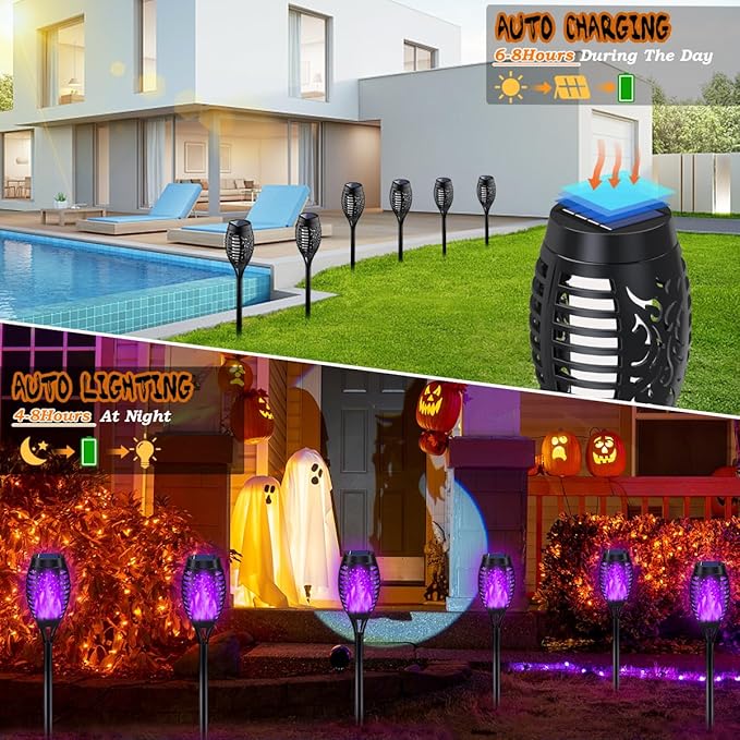 Outdoor Halloween Decorations, 10Pack Purple Flickering Flame Solar Torch Light for Yard Decorations, Waterproof Halloween Lights Outdoor, Solar Lights for Outside Decor Garden Patio Lawn Path Scary