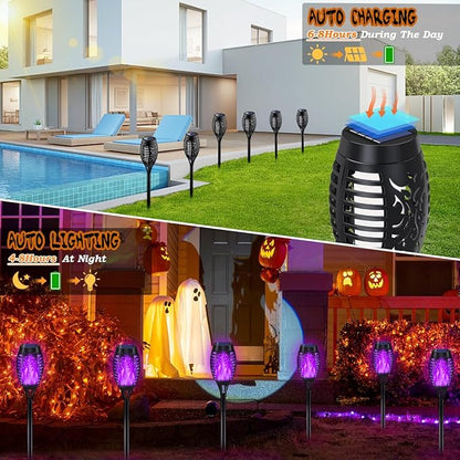 Outdoor Halloween Decorations, 10Pack Purple Flickering Flame Solar Torch Light for Yard Decorations, Waterproof Halloween Lights Outdoor, Solar Lights for Outside Decor Garden Patio Lawn Path Scary