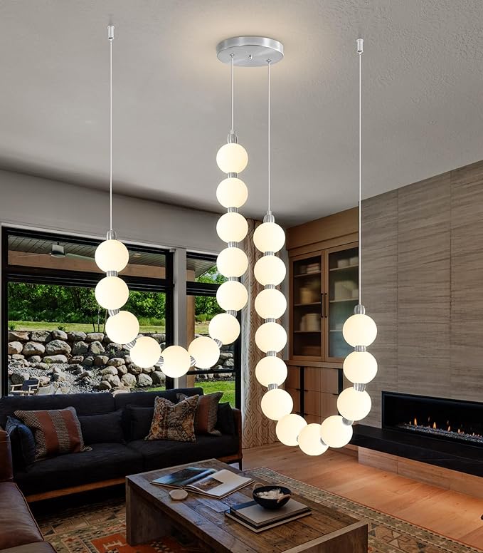 Modern Chandeliers LED Dimmable Light Acrylic Balls Ceiling Pendant Lighting for Dining Room Living Room Bedroom Adjustable Hanging Lights 45 Watts Silver Lamp