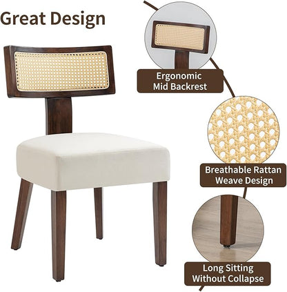 Rattan Dining Chairs Set of 6, Mid-Century Modern Fabric Dining Room Chairs with Brown Hardwood Frame, Upholstered Curved Backrest Kitchen Chair Armless for Living Room (Cream)