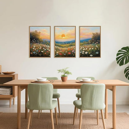 HOURIA Boho Sunrise Wildflower Framed Canvas Wall Art Set,Watercolour Nature Inspired Landscape Wall Decor,Colorful Floral Scenery Artwork,Modern Art Prints for Living Room,Bedroom,Farmhouse-24"x36"x3