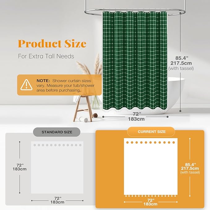 BTTN Extra Long Shower Curtain - 72x84 Inch Long Boho Chic Tassel Linen Fabric Shower Curtain Set with Hook, Tall Modern Farmhouse Elegant Heavy Duty Cloth Shower Curtains for Bathroom - Emerald Green