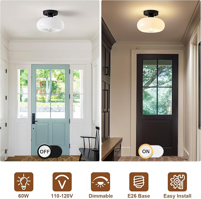 Mid-Century Modern Semi Flush Mount Ceiling Light, Metal Kitchen Light Fixture with Glass Shade, Mini White and Black Colse to Ceiling Lamp for Entryway Hallway Bathroom (8.66 Inch)