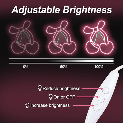 Pink Cherry Bow LED Neon Sign, Girly Heart Coquette Cherry Trendy Wall Art Neon Light Girl's Bedroom Home Dorm Salon Wall Decor for Kids Room,Restaurant,Bar,Fruit Shop,Home, Wedding Supplies