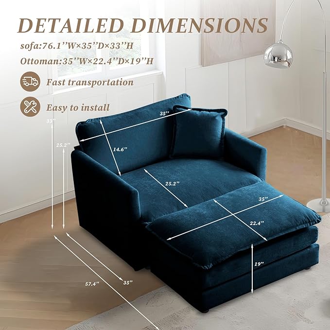 SoarFlash Chenille Sectional Sofa, Comfy Modular Single Sofa with Ottoman, Modern Recliner Deep Seat Sofa Set for Living Room,Deep Blue