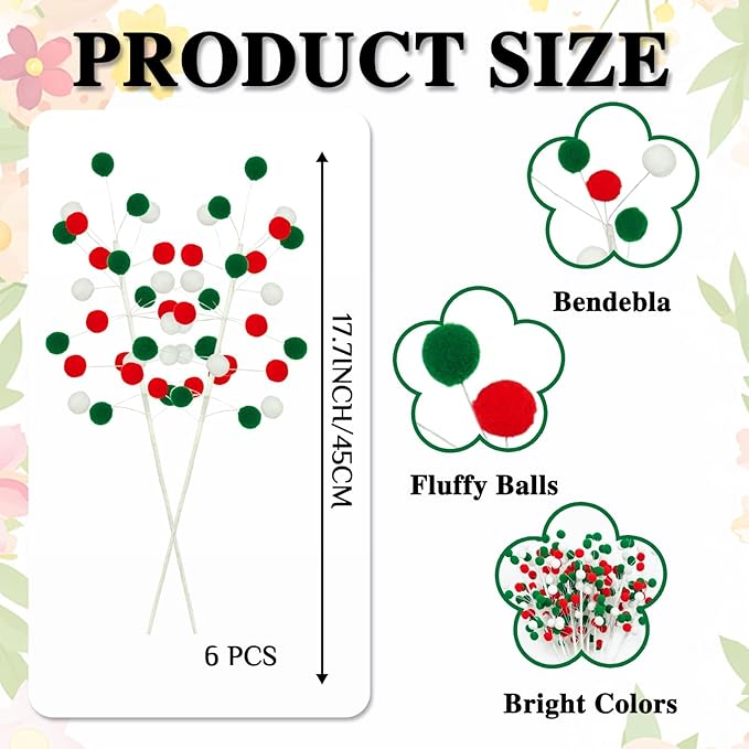 6 Pcs Pom Poms Christmas Decorations & Felt Christmas Picks and Sprays DIY Xmas Tree Toppers, Festive Tree Filler & Decor (Xmas Color)