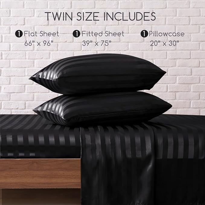 MR&HM Satin Bed Sheets, Twin Size Sheets Set, 3 Pcs Silky Bedding Set with 15 Inches Deep Pocket for Mattress (Twin, Black Striped)