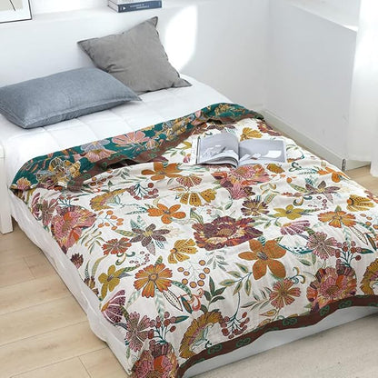 Boho Throw Blanket 100% Cotton Woven Ultra Soft 4-Layer Muslin Quilt Farmhouse Bed Blanket Cover 80"x90", Vintage Floral