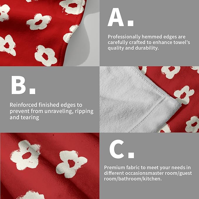 Modern Style Kitchen Dish Towels Set of 2 Red Floral Absorbent Tea Towels, Red Flower