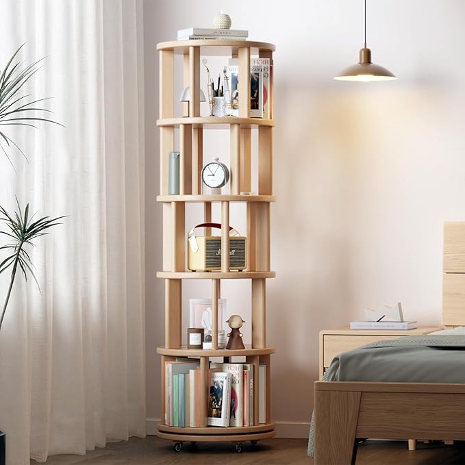 Solid Wood Rotating Bookshelf on Wheels, 5 Tier, Round Revolving Bookcase, 360° Spinning Book Shelf Tower for Kids, Narrow Rolling Bookshelves for Small Space, Corner, Bedroom, Office, Natural