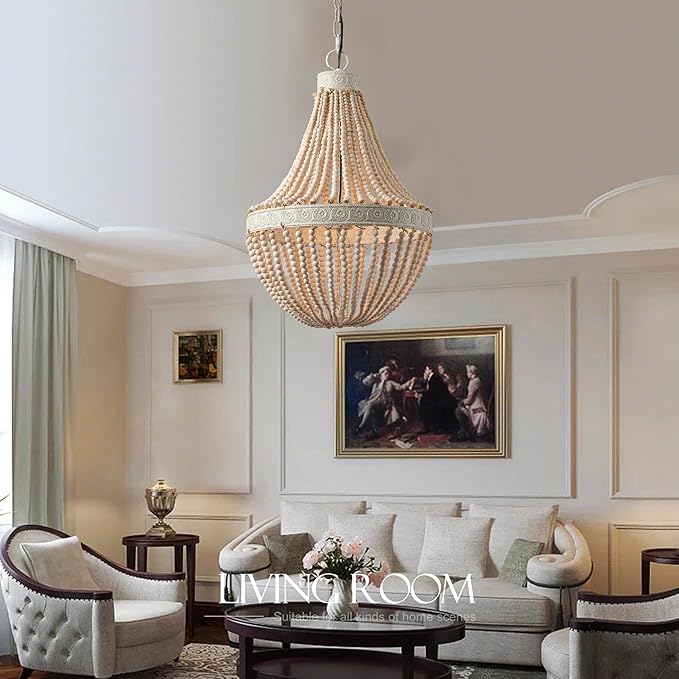 Boho Wood Beads Chandelier Vintage Rustic Farmhouse Chandeliers 3-Lights Wooden Island Pendant Lighting Fixture Retro Ceiling Lights for Dining Room Kitchen Bedroom Foyer D21.65