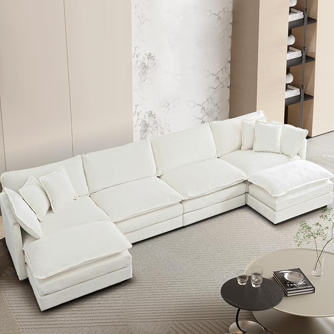 SoarFlash Chenille Sectional Sofa, Comfy L/U Shaped Modular Coush Sofa with Ottoman, Modern 4 Seat Couch Deep Seat Sofa Set for Living Room,White