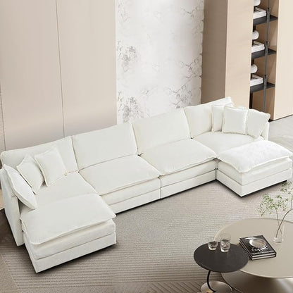 SoarFlash Chenille Sectional Sofa, Comfy L/U Shaped Modular Coush Sofa with Ottoman, Modern 4 Seat Couch Deep Seat Sofa Set for Living Room,White