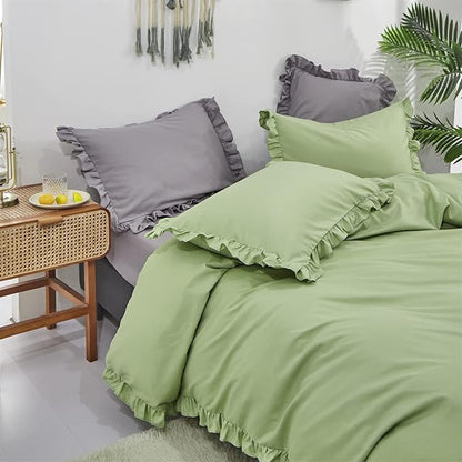 CLOTHKNOW Green Ruffles Comforter Sets Full 3Pcs Farmhouse Bedding Comforter Sets Soft Shabby Chic Comforter with 2 x Pillow Cases