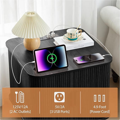 24 Inch Wood Nightstands Set of 2, Mid-Century Modern End Table with Charging Station 2AC+3USB, BedSide Table with Storage & Sliding Door (2XSquare, Black)