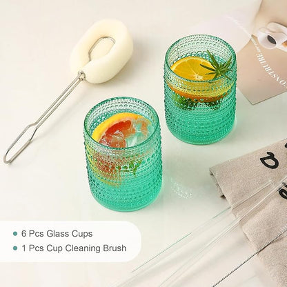Vintage Glassware Drinking Glasses Set of 6,12 oz Hobnail Glass Cups,Embossed Lake Blue Water Tumbler,for Beer,Cocktail,Whiskey,Juice and Various Mixed Drinks- 1 Cleaning Brush