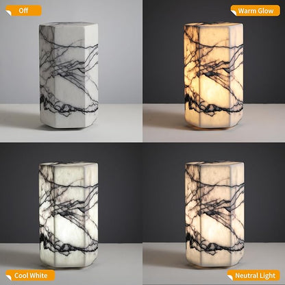 Handcrafted Real Marble Table Lamp, Stone Lamp with Tri-Color Dimmable LED, Bedside Lamp, Small Table Lamp for Home Decor, Table Lamp for Bedroom Living Room, Hexagon