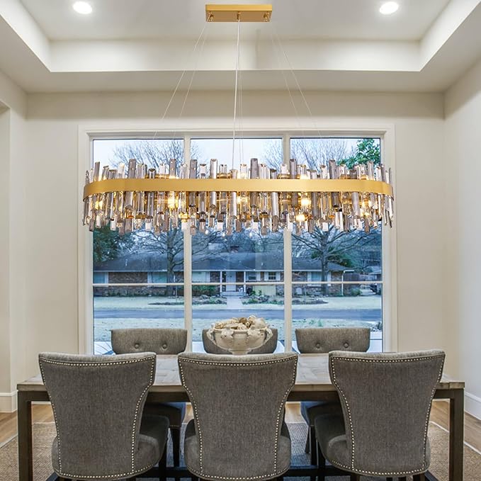 Siljoy Gold Crystal Chandelier for Dining Room, Large Modern 2-Tiers K9 Crystal Raindrop Chandelier, 20 Lights Luxury Adjustable Hanging Ceiling Light for Living Room Kitchen Island Bar L52''