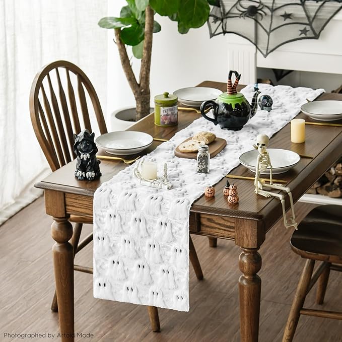Artoid Mode Ghost Soft Plush Faux Fur Jacquard Halloween Table Runner, Holiday Kitchen Dining Table Decoration for Home Party Decor 13x90 Inch