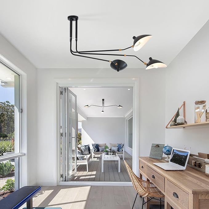 85" Mid-Century Chandelier, Matt Black Finish with Adjustable 3-Arms Large Pendant Lighting Fixture for Dining Room Living Room Kitchen Island Bedroom 3-Light