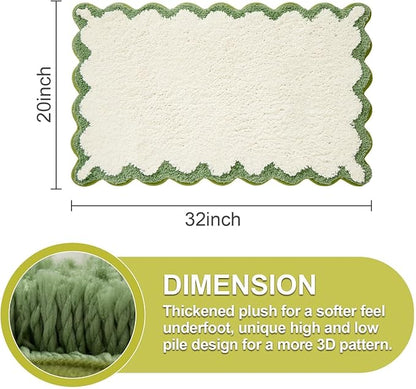 ORTIGIA Scalloped Green Bath Mat Non Slip Washable for Bathroom, Quick Dry Absorbent Plush Microfiber Bath Mats, White and Green Bathmat for Bathtub Shower, Floor for Sink Bedroom, 20x32